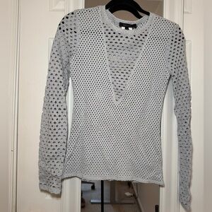 BCBG Max Azria Grey Mesh Long Sleeve V Neck Top Sheer Fitted Small